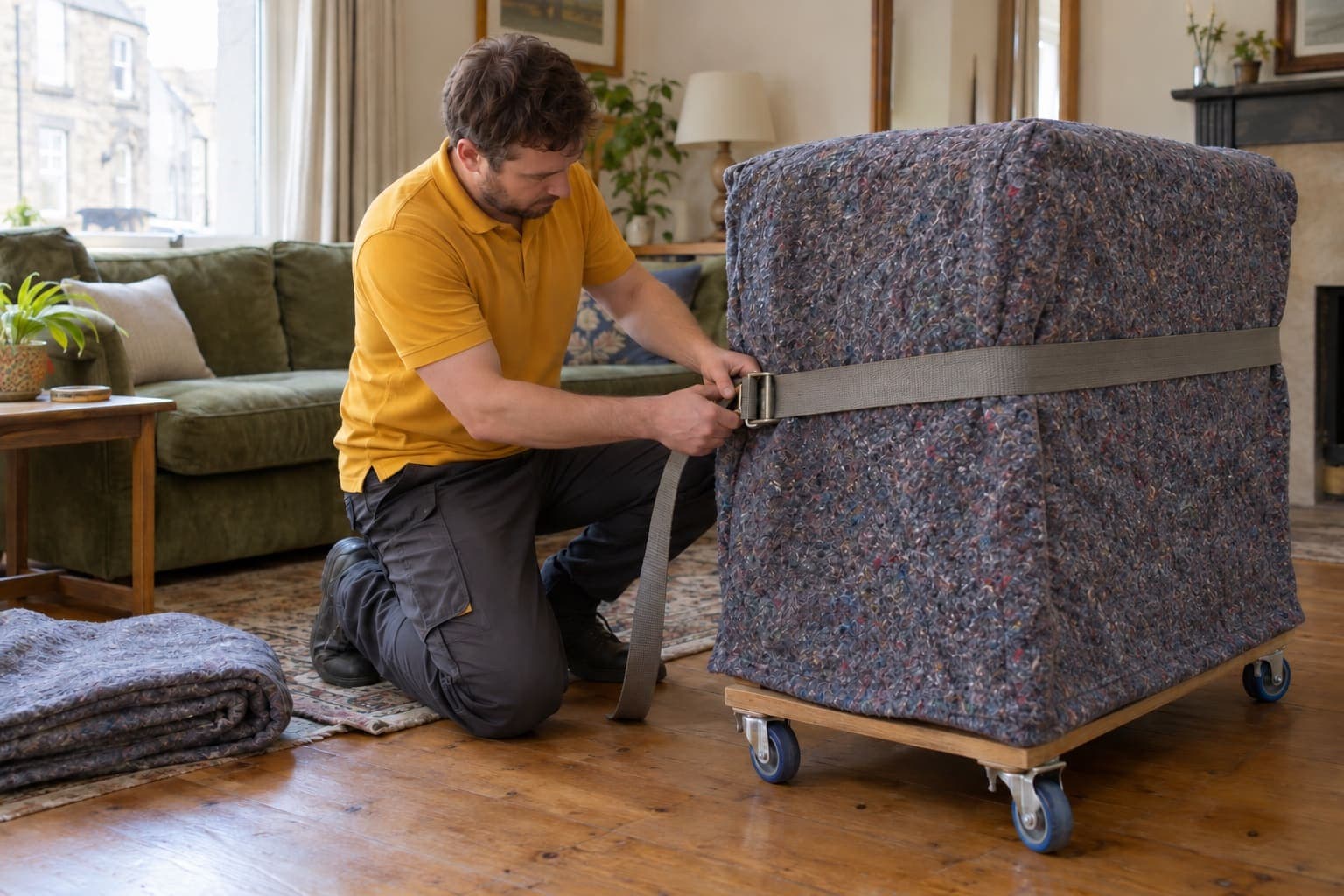 A Clyde Movers team member strapping a padded blanket around a piece of furniture before it leaves the flat