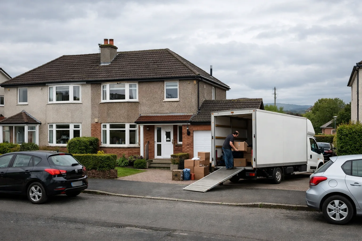 House move setting in Bishopbriggs with a removals van outside a residential property