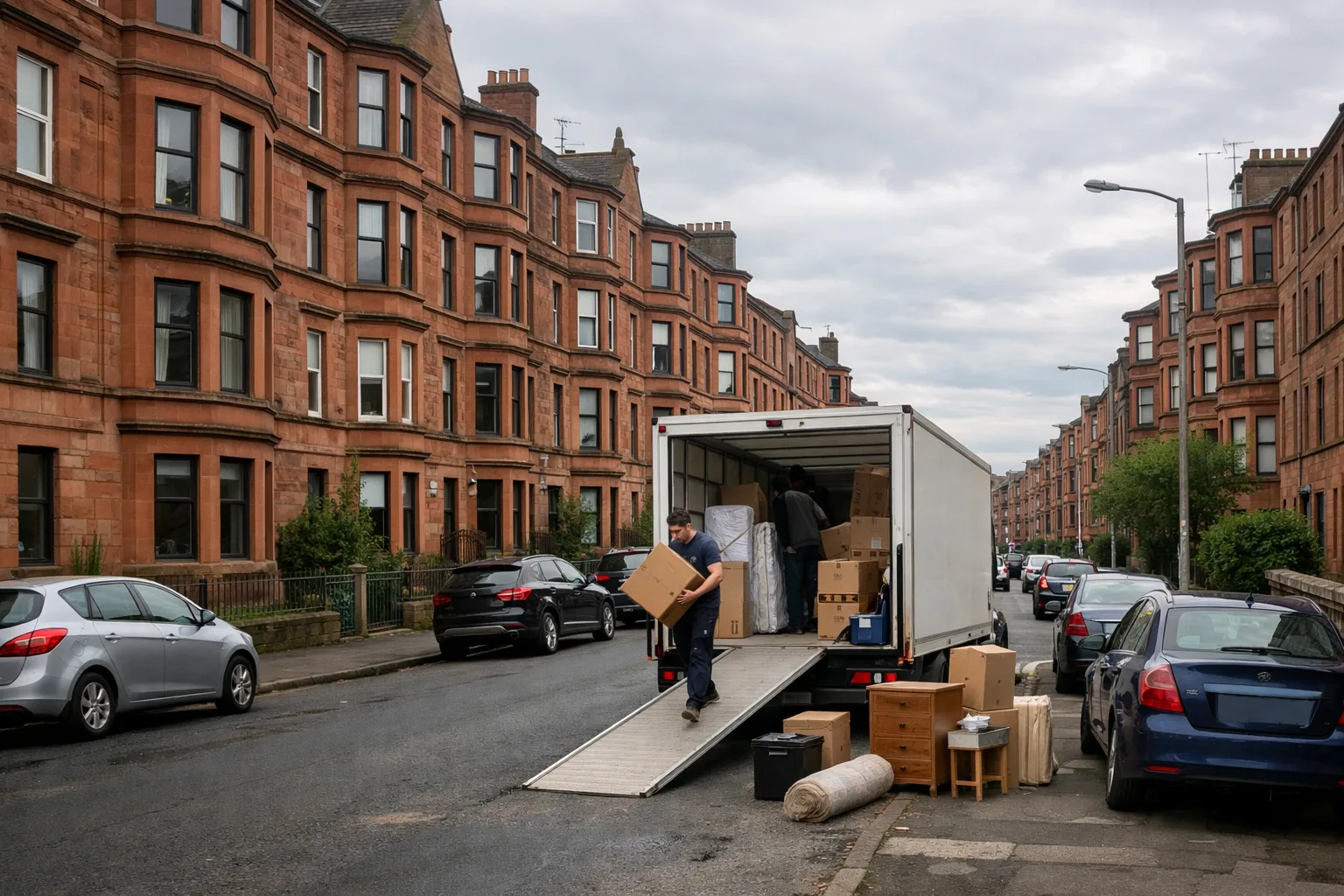 Dennistoun street scene with Glasgow tenements and a removals van