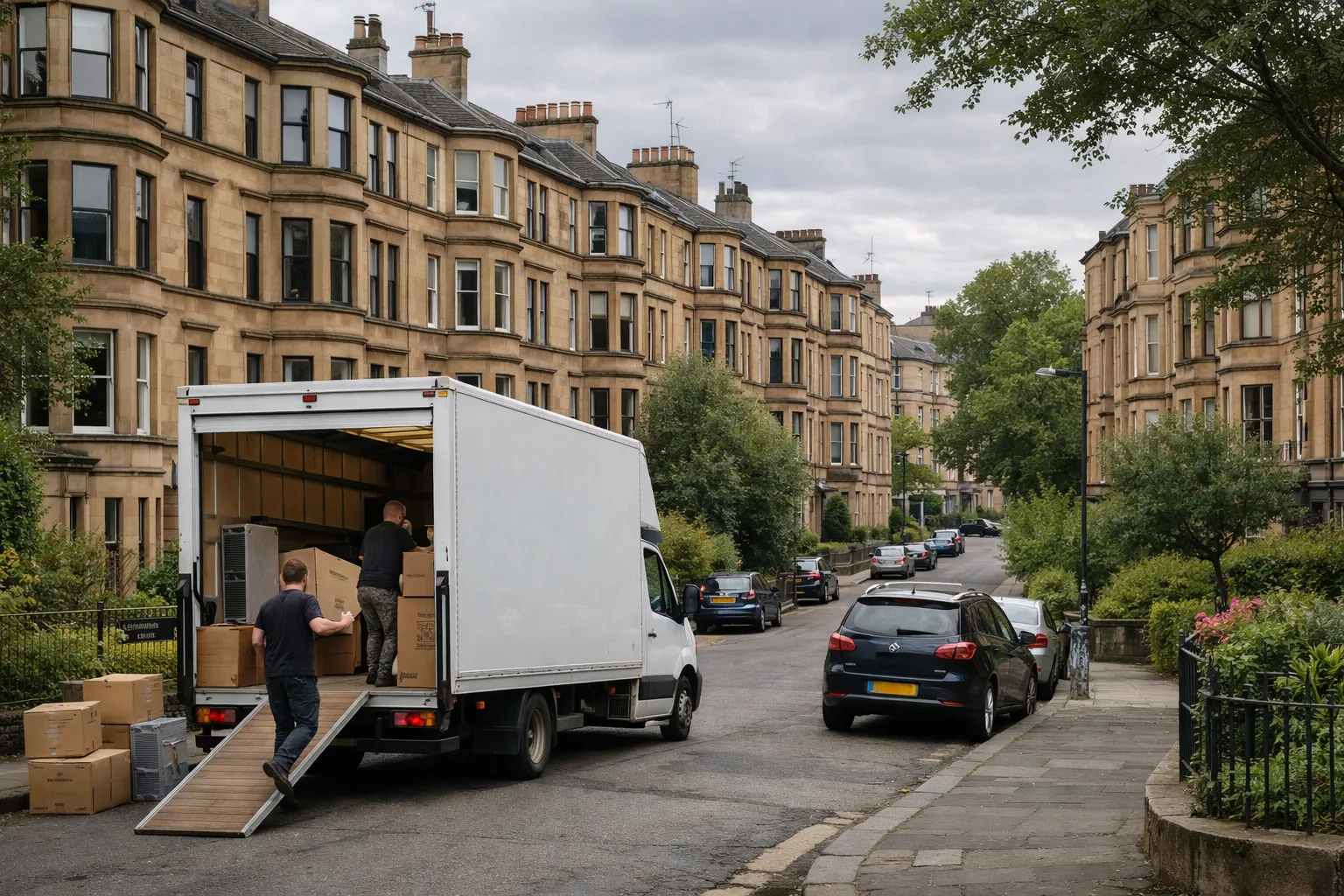 Hyndland residential street with elegant sandstone flats and a removals van
