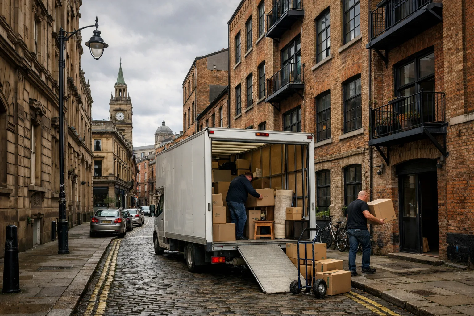 Merchant City street scene with warehouse-style apartments and a removals van