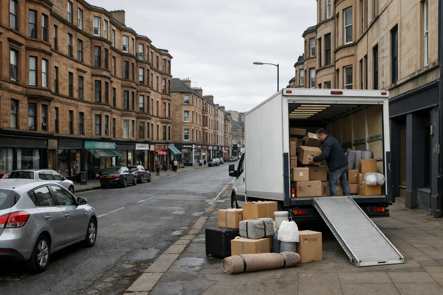 Partick street scene with tenements and a removals van preparing for a flat move