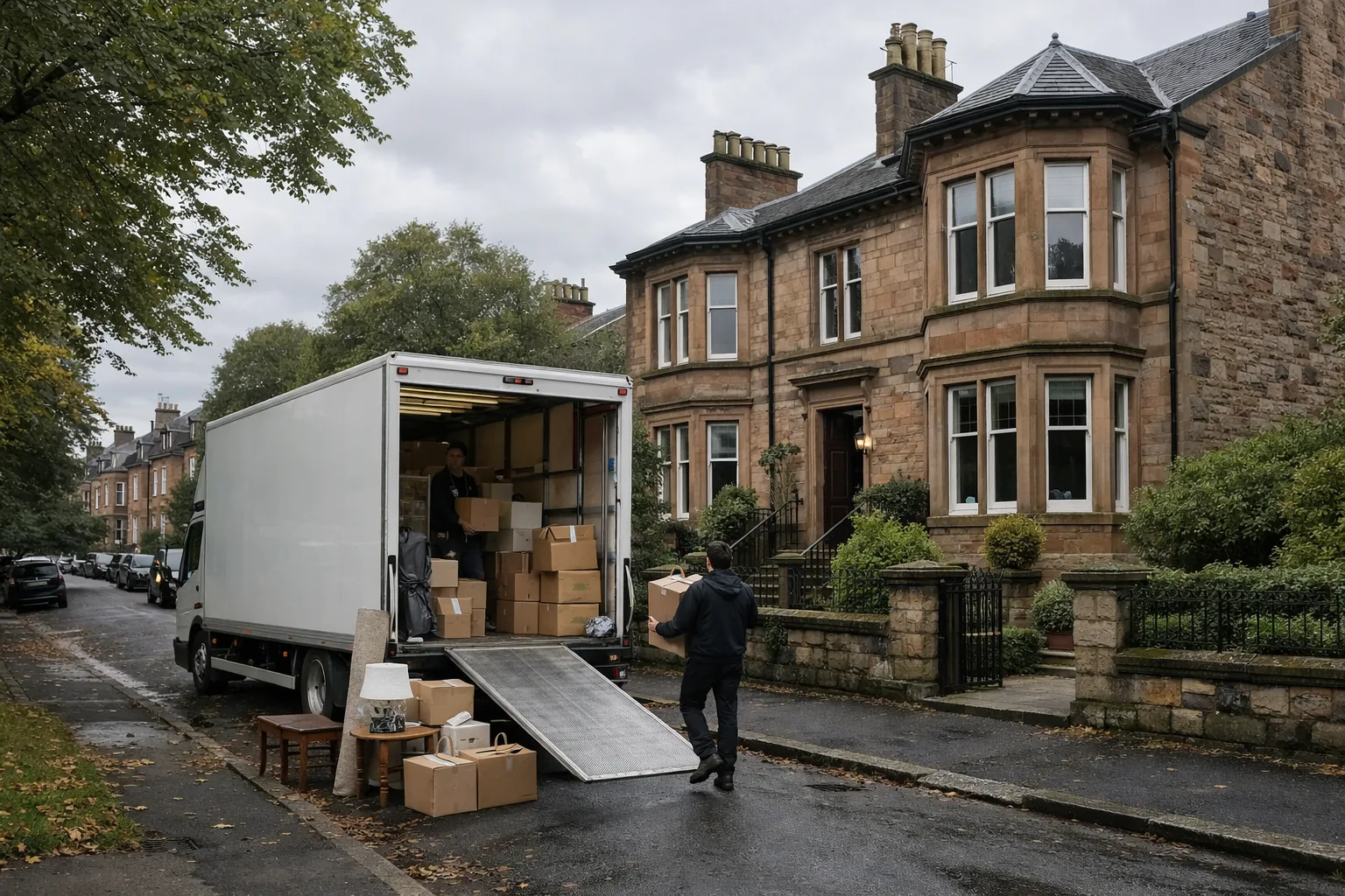 Pollokshields period property street with a removals van outside a home