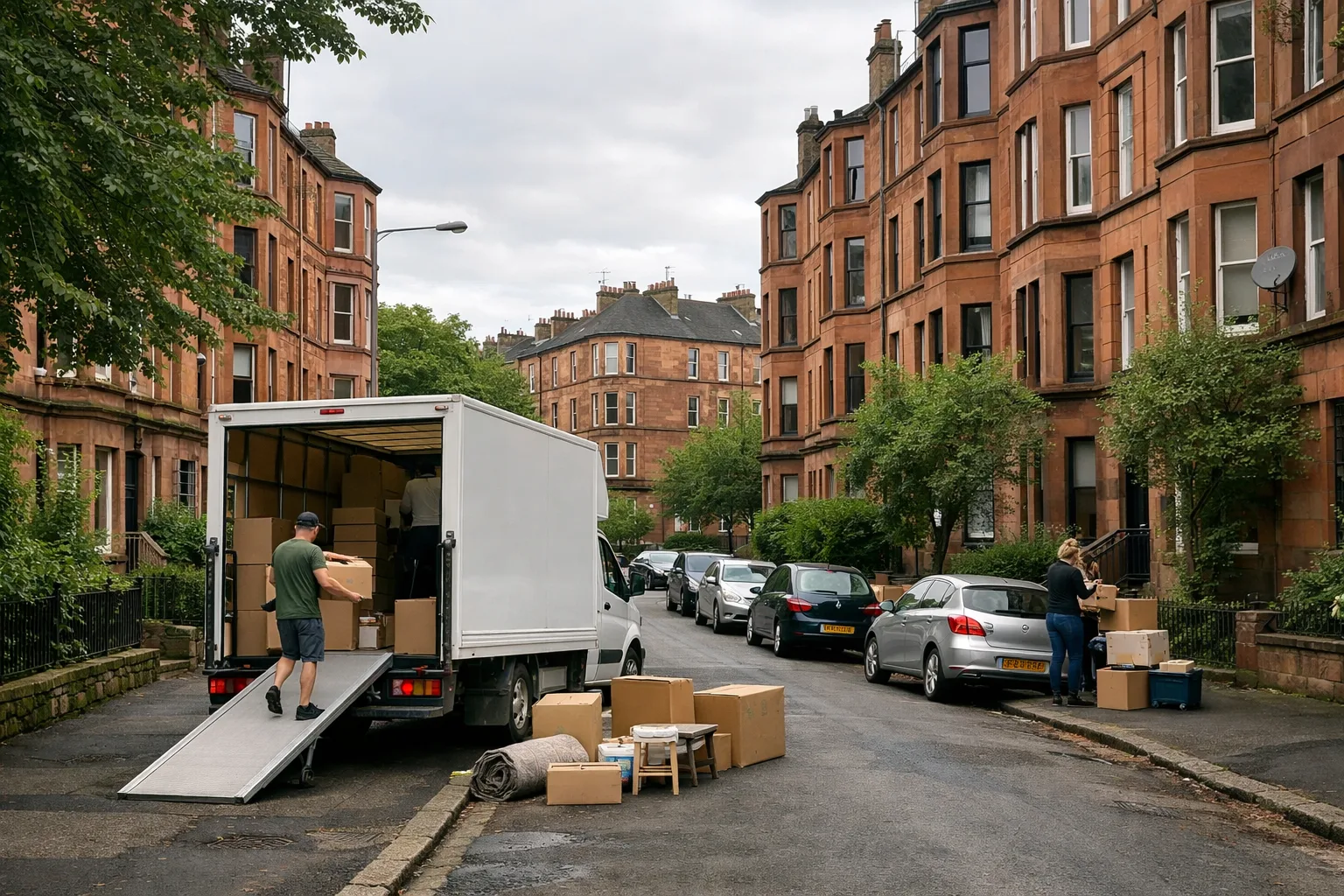 Shawlands street with Southside tenements and a removals van during a local move