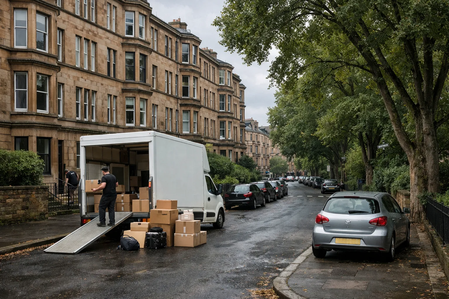 Woodlands West End street with tenement flats and a removals van