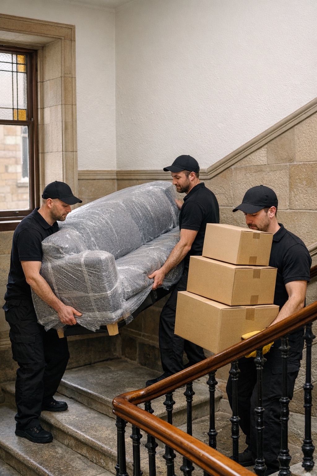 Movers carrying furniture through a Glasgow tenement stairwell
