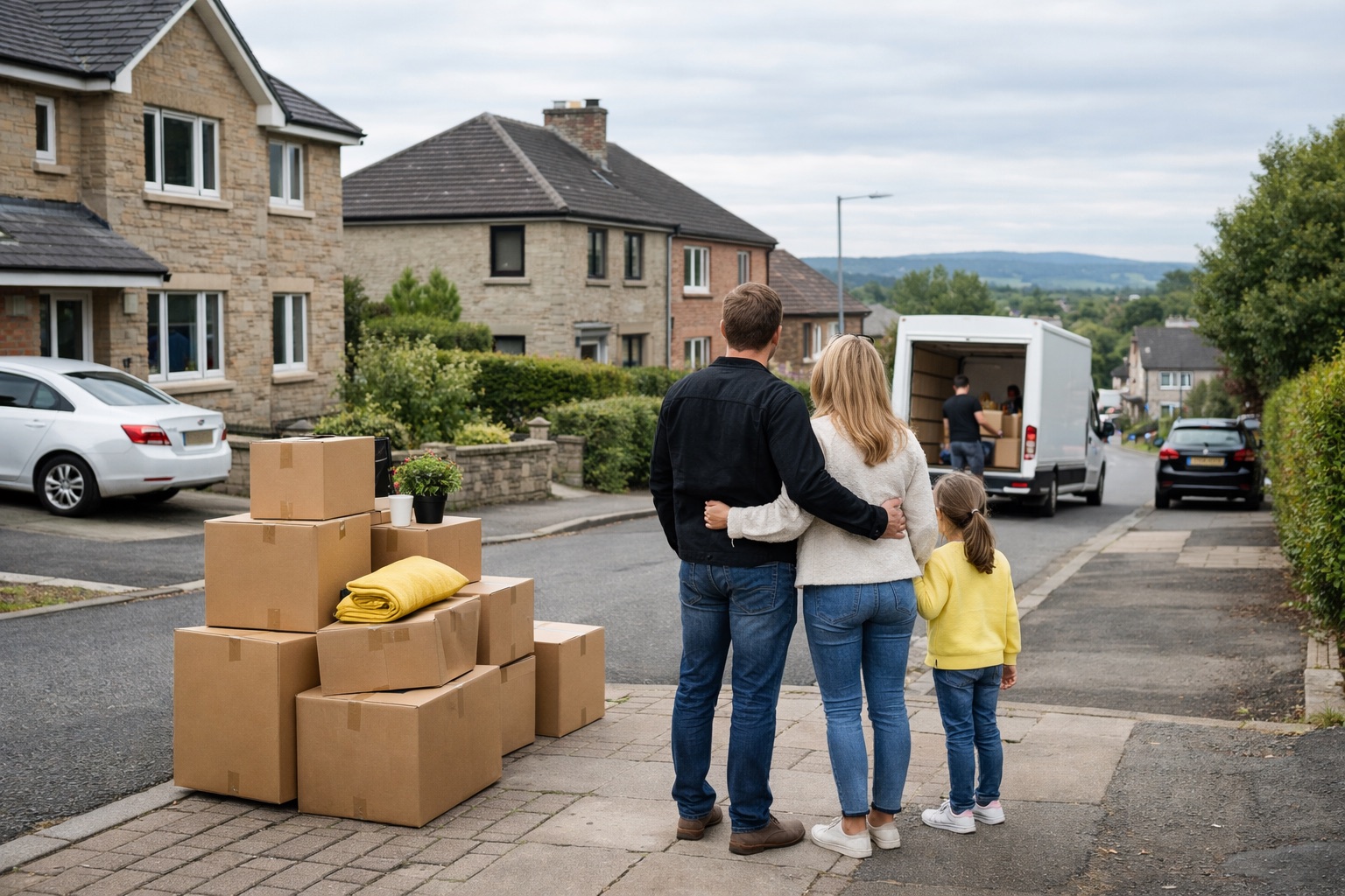 Family outside a suburban home near Glasgow during a house move