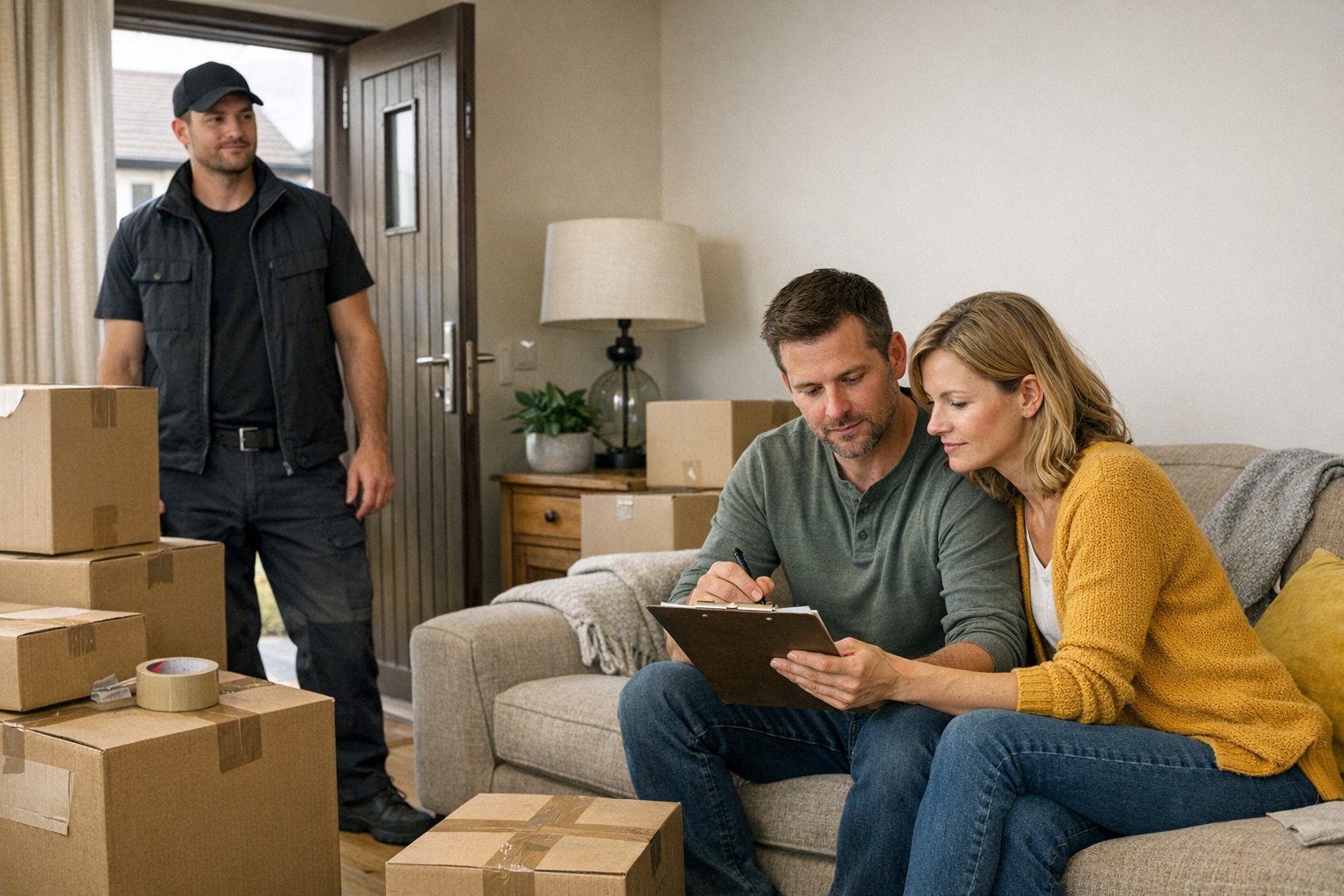 Local Glasgow house move with customers planning beside packed boxes