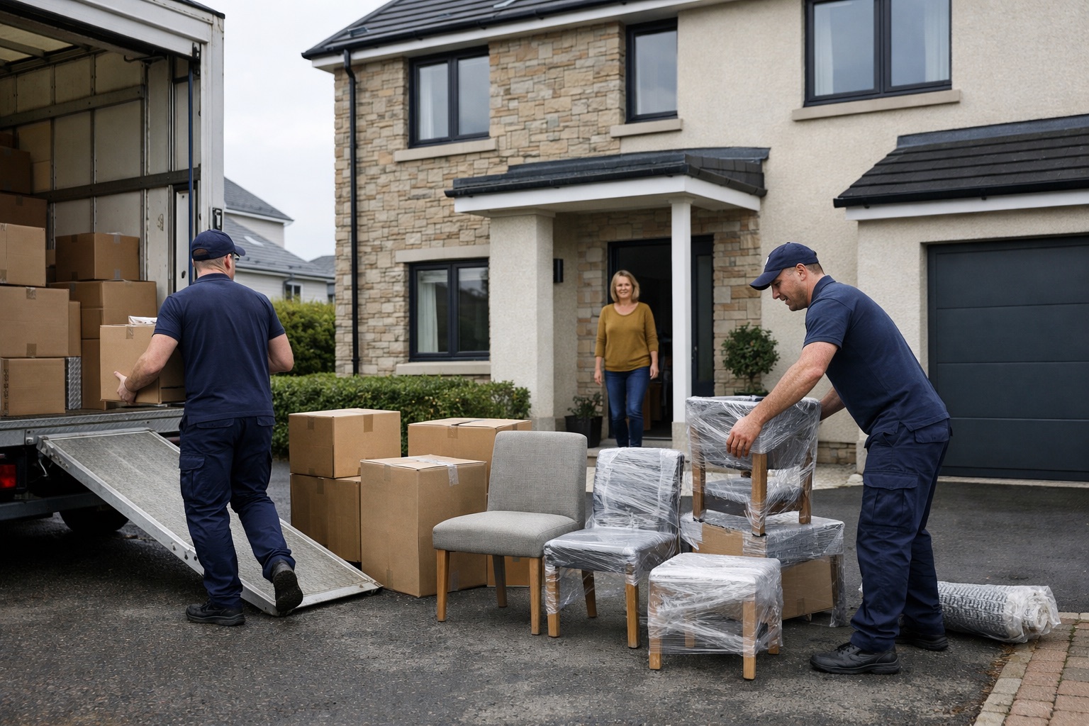 Movers unloading boxes outside a modern East Kilbride home