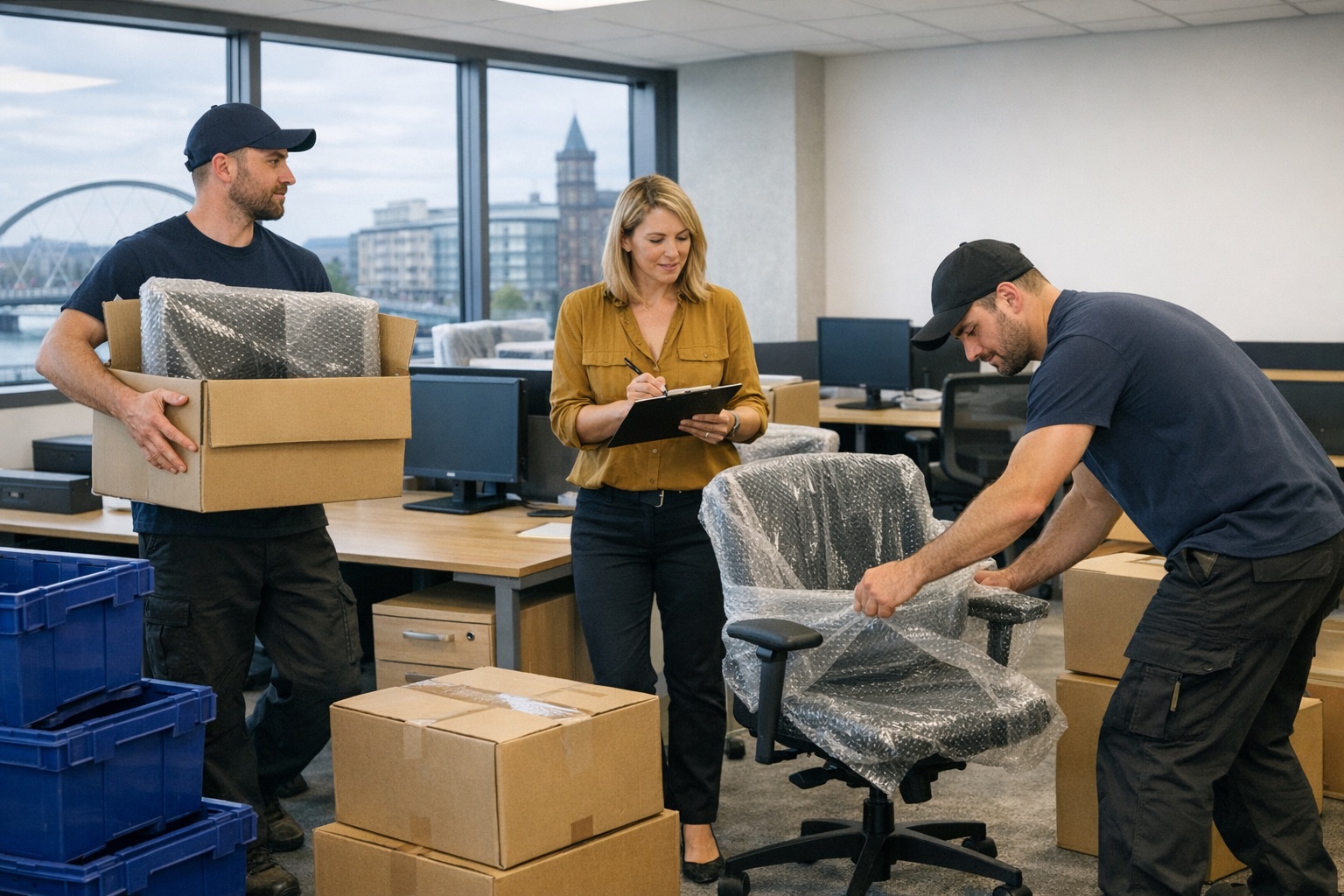 Office relocation checklist scene with movers and labelled office items
