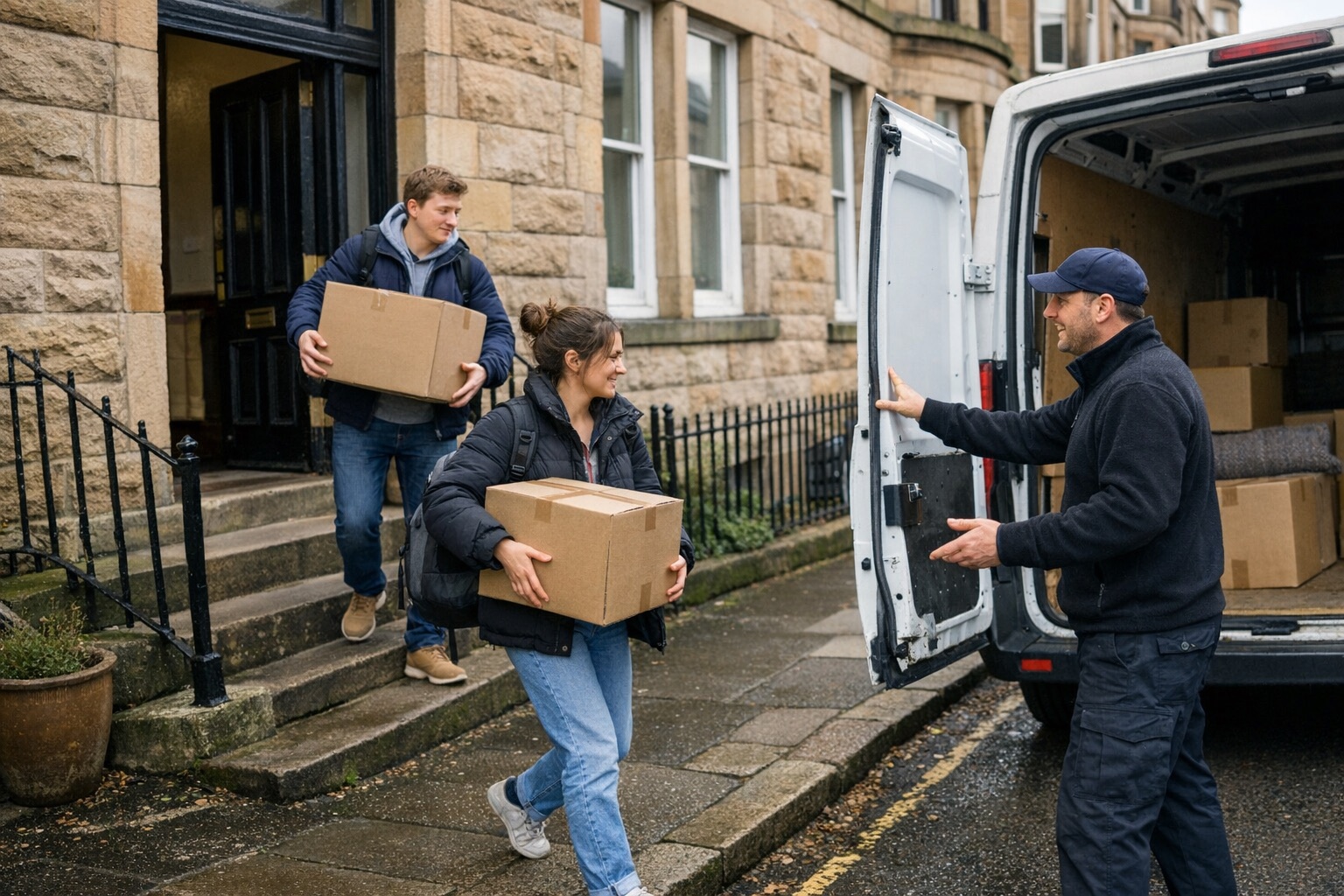 Students moving out of a Glasgow West End tenement with help from a mover