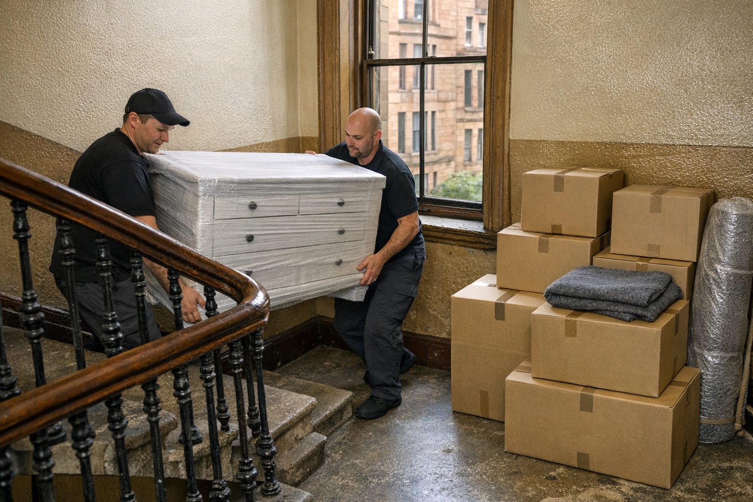 Packed boxes and wrapped furniture staged in a Glasgow tenement stair