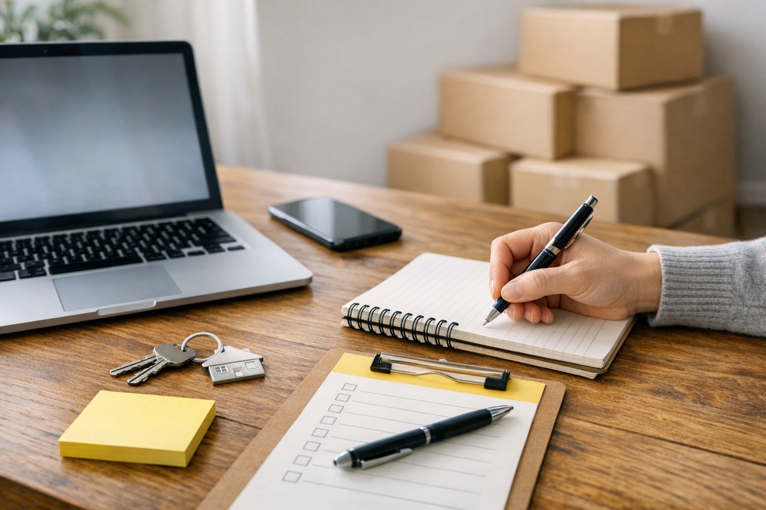 Move planning table with keys, notebook, laptop and moving boxes in a Glasgow home