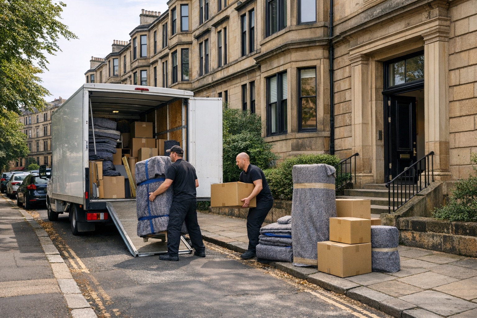 West End Glasgow street with sandstone homes and a removals van