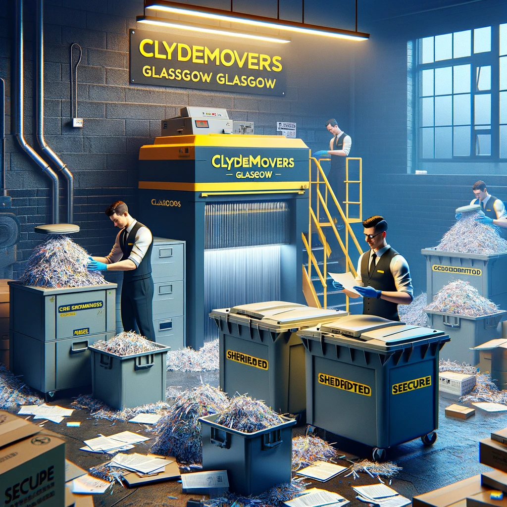 Secure your peace of mind with Clydemovers Glasgow's Secure Document Shredding Services. Tailored to meet your specific needs, our service ensures the confidential destruction of your documents, backed by Certificates of Destruction. Embrace our eco-friendly, compliant solution for disposing of sensitive information. With Clydemovers Glasgow, your privacy is our priority.